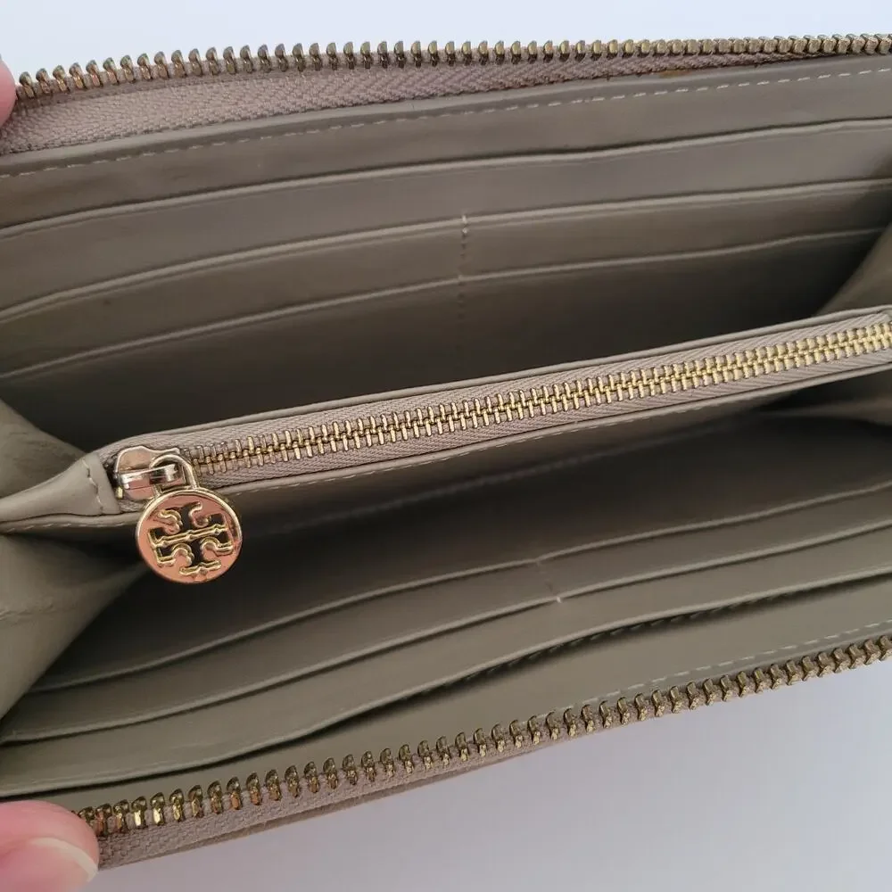 Tory‎ Burch Beige Bow Leather Zip Around Large Wallet Long Clutch Logo